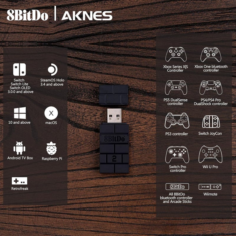 AKNES محول وحدة التحكم اللاسلكية USB 8BitDo 2 لمحول Switch 2/Switch/Switch OLED، Steam Deck، Windows، macOS، وحدة تحكم PS5/PS4/PS3، وحدة تحكم Xbox Series X/S، كابل OTG لوحدة التحكم Bluetooth - Image 2